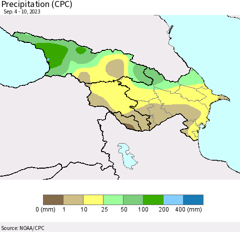 Azerbaijan, Armenia and Georgia Precipitation (CPC) Thematic Map For 9/4/2023 - 9/10/2023