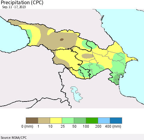 Azerbaijan, Armenia and Georgia Precipitation (CPC) Thematic Map For 9/11/2023 - 9/17/2023