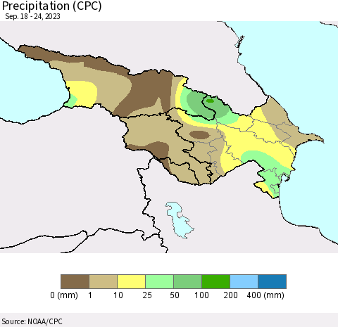 Azerbaijan, Armenia and Georgia Precipitation (CPC) Thematic Map For 9/18/2023 - 9/24/2023