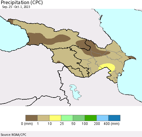 Azerbaijan, Armenia and Georgia Precipitation (CPC) Thematic Map For 9/25/2023 - 10/1/2023