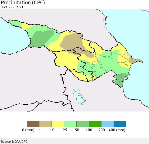 Azerbaijan, Armenia and Georgia Precipitation (CPC) Thematic Map For 10/2/2023 - 10/8/2023