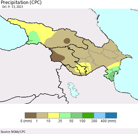 Azerbaijan, Armenia and Georgia Precipitation (CPC) Thematic Map For 10/9/2023 - 10/15/2023