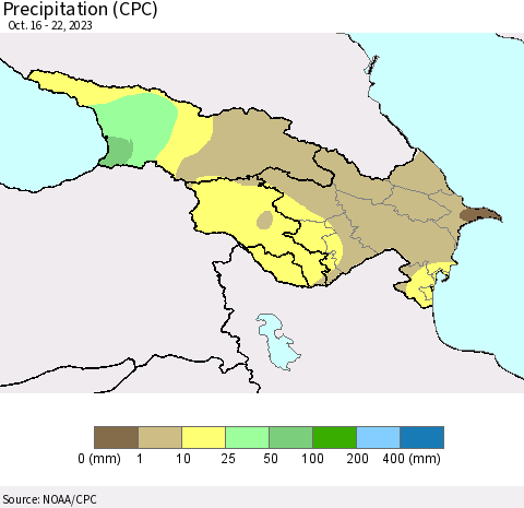 Azerbaijan, Armenia and Georgia Precipitation (CPC) Thematic Map For 10/16/2023 - 10/22/2023