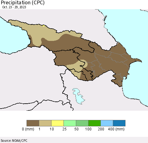 Azerbaijan, Armenia and Georgia Precipitation (CPC) Thematic Map For 10/23/2023 - 10/29/2023