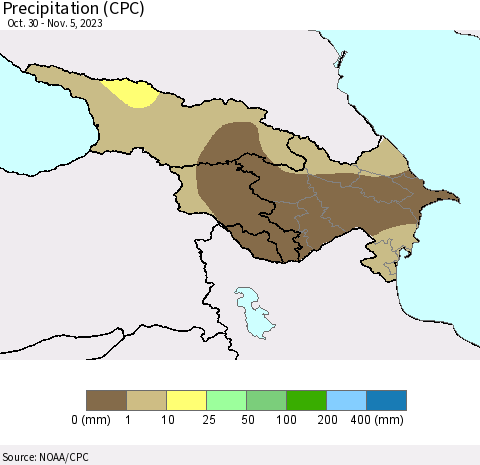 Azerbaijan, Armenia and Georgia Precipitation (CPC) Thematic Map For 10/30/2023 - 11/5/2023