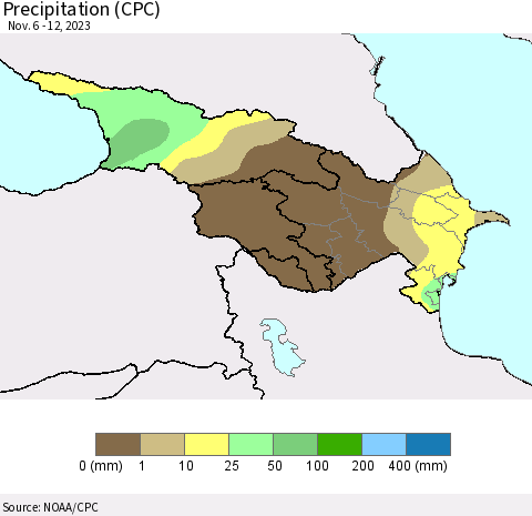 Azerbaijan, Armenia and Georgia Precipitation (CPC) Thematic Map For 11/6/2023 - 11/12/2023
