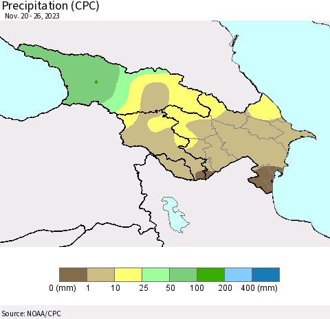 Azerbaijan, Armenia and Georgia Precipitation (CPC) Thematic Map For 11/20/2023 - 11/26/2023