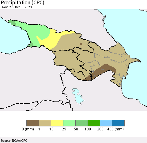 Azerbaijan, Armenia and Georgia Precipitation (CPC) Thematic Map For 11/27/2023 - 12/3/2023