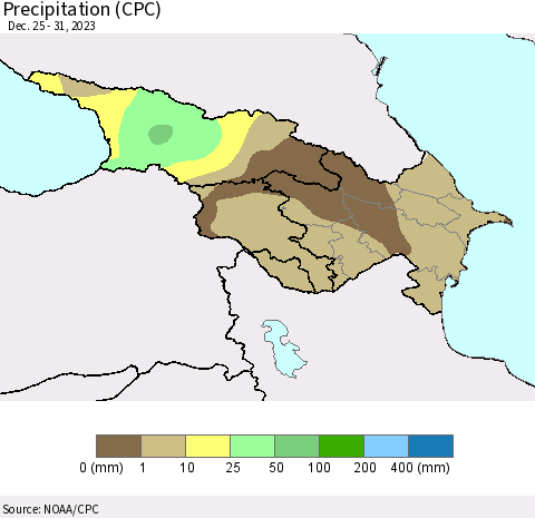 Azerbaijan, Armenia and Georgia Precipitation (CPC) Thematic Map For 12/25/2023 - 12/31/2023