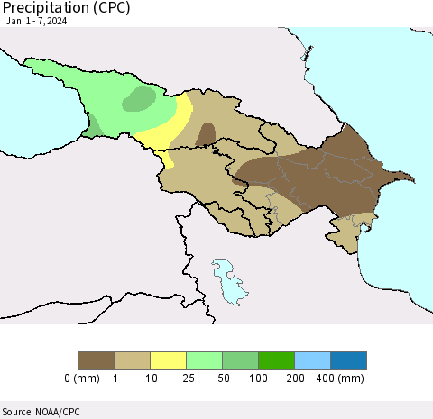 Azerbaijan, Armenia and Georgia Precipitation (CPC) Thematic Map For 1/1/2024 - 1/7/2024