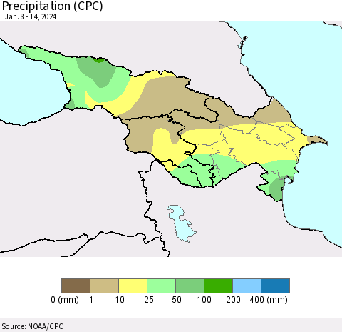 Azerbaijan, Armenia and Georgia Precipitation (CPC) Thematic Map For 1/8/2024 - 1/14/2024