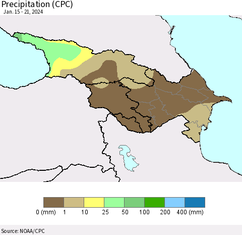 Azerbaijan, Armenia and Georgia Precipitation (CPC) Thematic Map For 1/15/2024 - 1/21/2024