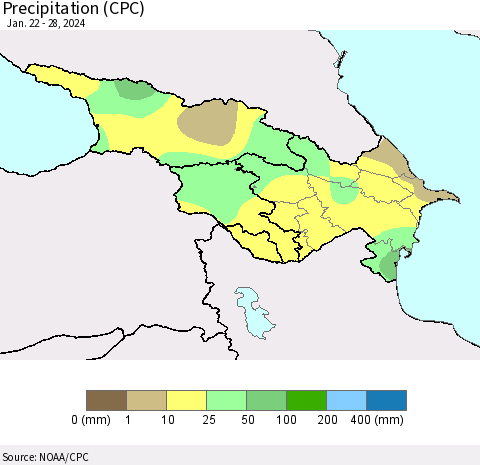 Azerbaijan, Armenia and Georgia Precipitation (CPC) Thematic Map For 1/22/2024 - 1/28/2024