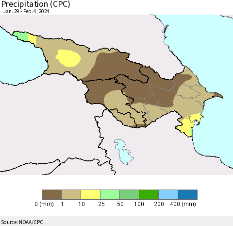 Azerbaijan, Armenia and Georgia Precipitation (CPC) Thematic Map For 1/29/2024 - 2/4/2024