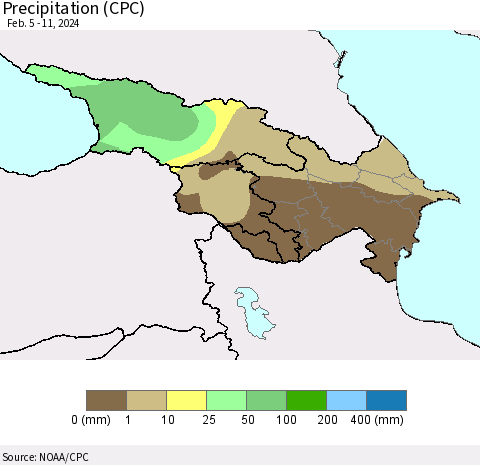 Azerbaijan, Armenia and Georgia Precipitation (CPC) Thematic Map For 2/5/2024 - 2/11/2024