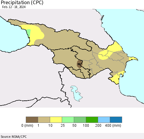 Azerbaijan, Armenia and Georgia Precipitation (CPC) Thematic Map For 2/12/2024 - 2/18/2024