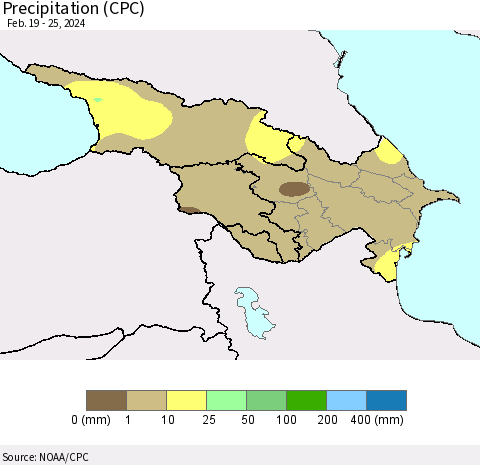 Azerbaijan, Armenia and Georgia Precipitation (CPC) Thematic Map For 2/19/2024 - 2/25/2024