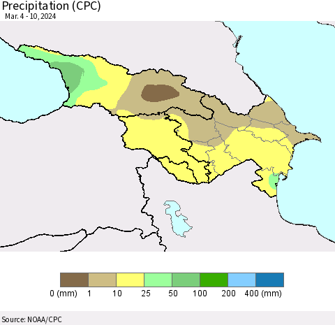 Azerbaijan, Armenia and Georgia Precipitation (CPC) Thematic Map For 3/4/2024 - 3/10/2024