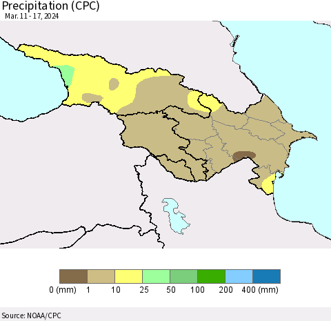 Azerbaijan, Armenia and Georgia Precipitation (CPC) Thematic Map For 3/11/2024 - 3/17/2024