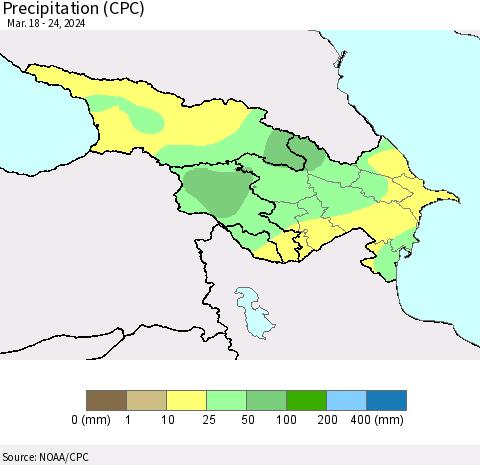 Azerbaijan, Armenia and Georgia Precipitation (CPC) Thematic Map For 3/18/2024 - 3/24/2024