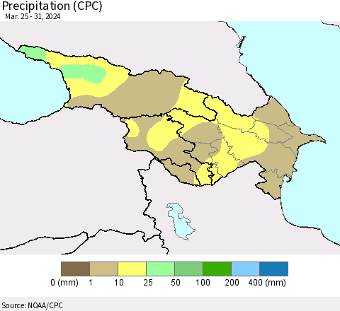 Azerbaijan, Armenia and Georgia Precipitation (CPC) Thematic Map For 3/25/2024 - 3/31/2024