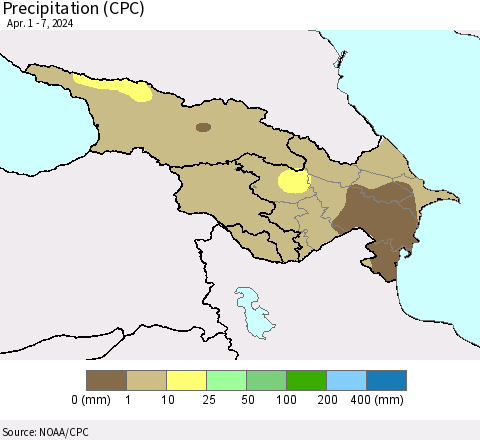 Azerbaijan, Armenia and Georgia Precipitation (CPC) Thematic Map For 4/1/2024 - 4/7/2024
