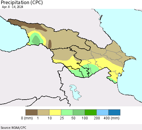Azerbaijan, Armenia and Georgia Precipitation (CPC) Thematic Map For 4/8/2024 - 4/14/2024