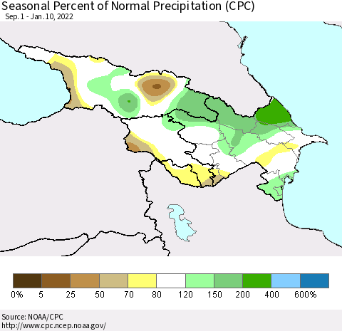 Azerbaijan, Armenia and Georgia Seasonal Percent of Normal Precipitation (CPC) Thematic Map For 9/1/2021 - 1/10/2022