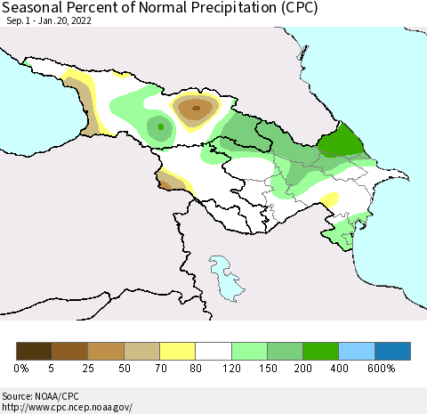 Azerbaijan, Armenia and Georgia Seasonal Percent of Normal Precipitation (CPC) Thematic Map For 9/1/2021 - 1/20/2022