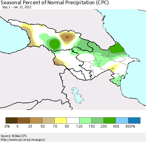 Azerbaijan, Armenia and Georgia Seasonal Percent of Normal Precipitation (CPC) Thematic Map For 9/1/2021 - 1/31/2022