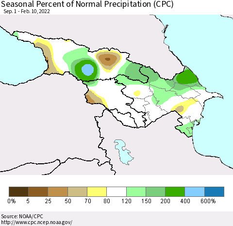 Azerbaijan, Armenia and Georgia Seasonal Percent of Normal Precipitation (CPC) Thematic Map For 9/1/2021 - 2/10/2022