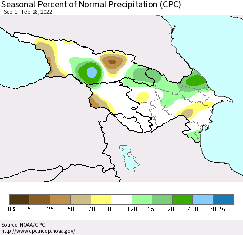 Azerbaijan, Armenia and Georgia Seasonal Percent of Normal Precipitation (CPC) Thematic Map For 9/1/2021 - 2/28/2022