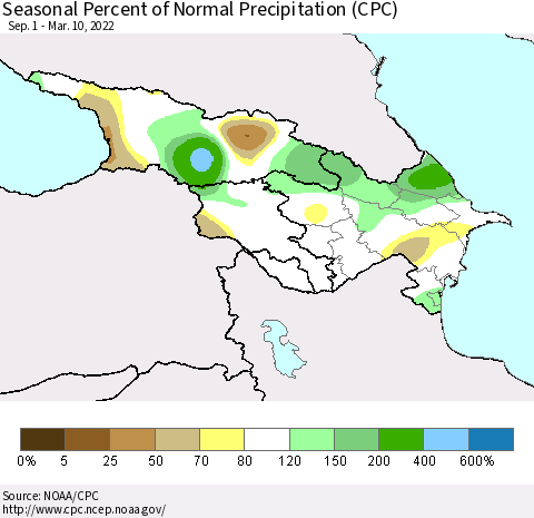 Azerbaijan, Armenia and Georgia Seasonal Percent of Normal Precipitation (CPC) Thematic Map For 9/1/2021 - 3/10/2022