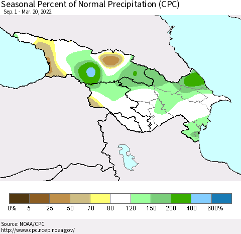 Azerbaijan, Armenia and Georgia Seasonal Percent of Normal Precipitation (CPC) Thematic Map For 9/1/2021 - 3/20/2022