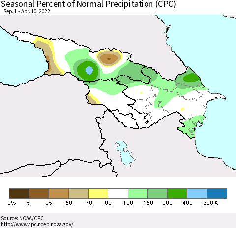 Azerbaijan, Armenia and Georgia Seasonal Percent of Normal Precipitation (CPC) Thematic Map For 9/1/2021 - 4/10/2022