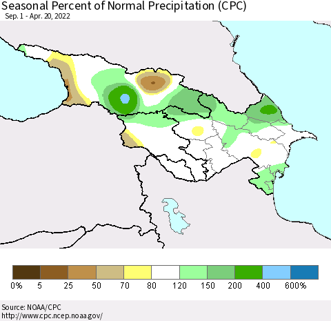 Azerbaijan, Armenia and Georgia Seasonal Percent of Normal Precipitation (CPC) Thematic Map For 9/1/2021 - 4/20/2022