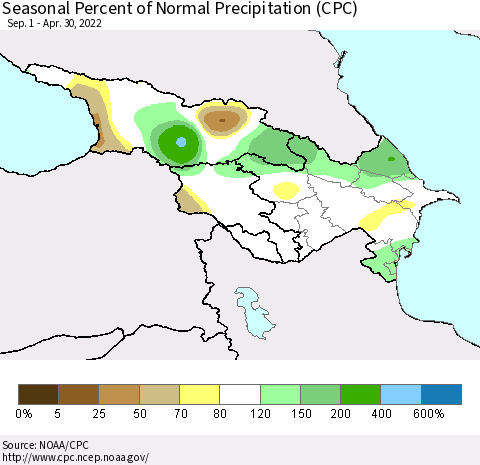 Azerbaijan, Armenia and Georgia Seasonal Percent of Normal Precipitation (CPC) Thematic Map For 9/1/2021 - 4/30/2022
