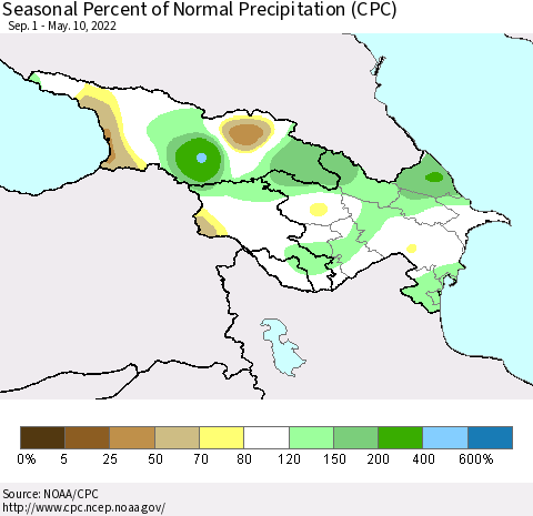 Azerbaijan, Armenia and Georgia Seasonal Percent of Normal Precipitation (CPC) Thematic Map For 9/1/2021 - 5/10/2022