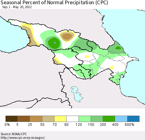 Azerbaijan, Armenia and Georgia Seasonal Percent of Normal Precipitation (CPC) Thematic Map For 9/1/2021 - 5/20/2022