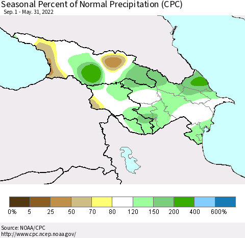 Azerbaijan, Armenia and Georgia Seasonal Percent of Normal Precipitation (CPC) Thematic Map For 9/1/2021 - 5/31/2022
