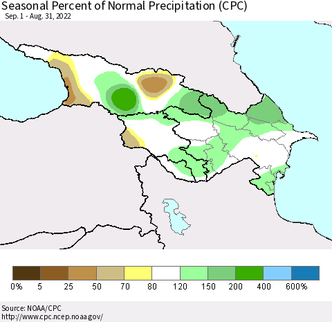 Azerbaijan, Armenia and Georgia Seasonal Percent of Normal Precipitation (CPC) Thematic Map For 9/1/2021 - 8/31/2022
