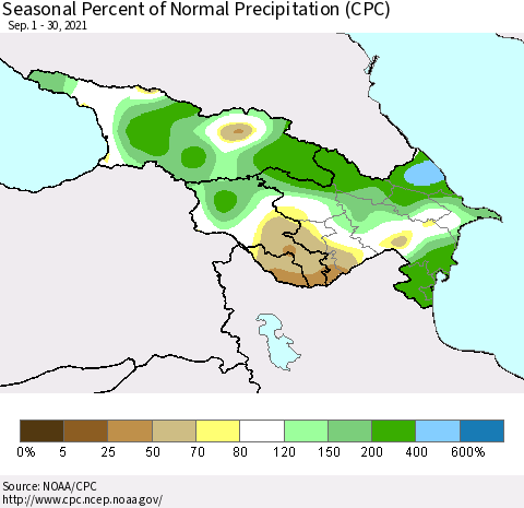 Azerbaijan, Armenia and Georgia Seasonal Percent of Normal Precipitation (CPC) Thematic Map For 9/1/2021 - 9/30/2021
