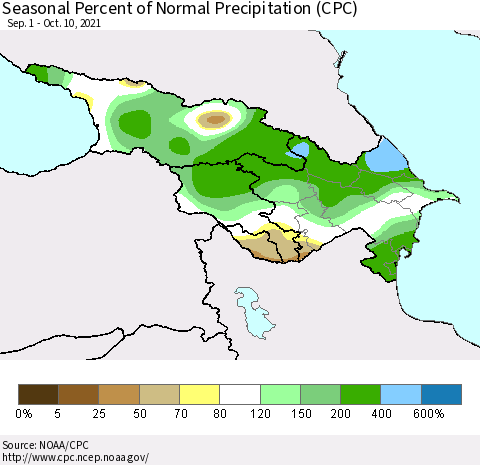 Azerbaijan, Armenia and Georgia Seasonal Percent of Normal Precipitation (CPC) Thematic Map For 9/1/2021 - 10/10/2021