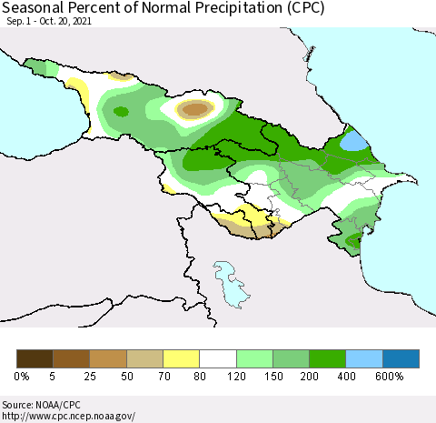Azerbaijan, Armenia and Georgia Seasonal Percent of Normal Precipitation (CPC) Thematic Map For 9/1/2021 - 10/20/2021