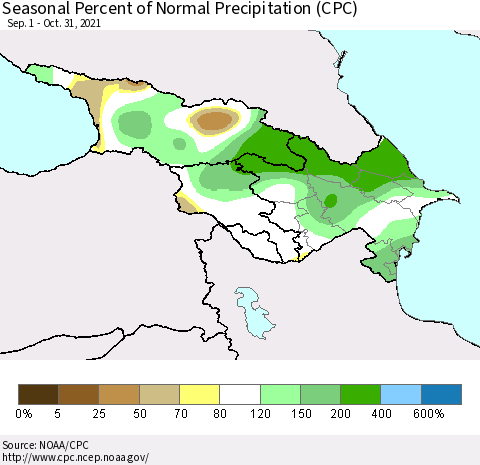 Azerbaijan, Armenia and Georgia Seasonal Percent of Normal Precipitation (CPC) Thematic Map For 9/1/2021 - 10/31/2021