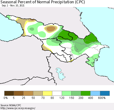 Azerbaijan, Armenia and Georgia Seasonal Percent of Normal Precipitation (CPC) Thematic Map For 9/1/2021 - 11/10/2021