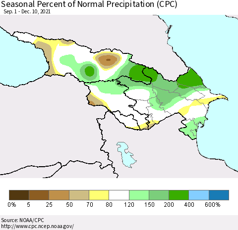 Azerbaijan, Armenia and Georgia Seasonal Percent of Normal Precipitation (CPC) Thematic Map For 9/1/2021 - 12/10/2021