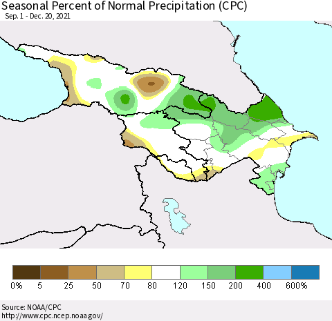 Azerbaijan, Armenia and Georgia Seasonal Percent of Normal Precipitation (CPC) Thematic Map For 9/1/2021 - 12/20/2021