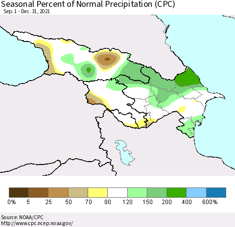 Azerbaijan, Armenia and Georgia Seasonal Percent of Normal Precipitation (CPC) Thematic Map For 9/1/2021 - 12/31/2021