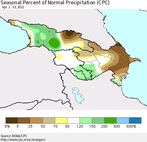 Azerbaijan, Armenia and Georgia Seasonal Percent of Normal Precipitation (CPC) Thematic Map For 4/1/2022 - 4/10/2022